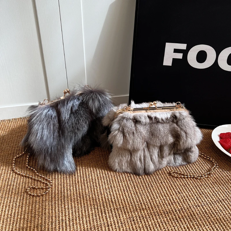 MOODS Soft Plush Evening Bags For Elegant Women Fox Fur Dinner Party Clutch Chain Crossbody Winter Warm Luxury Designer Handbags