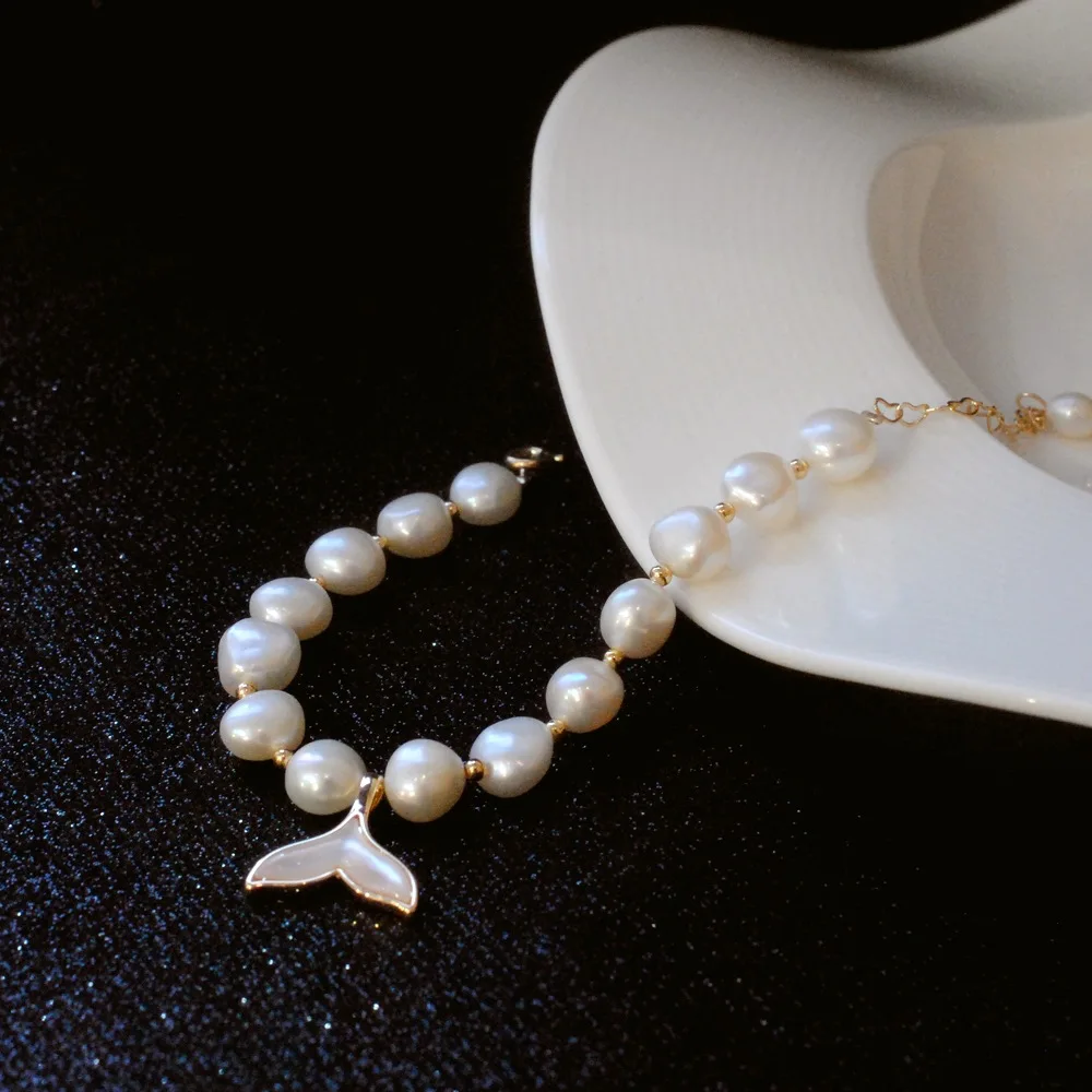 

100% Baroque Freshwater Pearl Fish Tail 14K Gold Filled Ladies Charm Bracelet Jewelry For Women Birthday Gifts