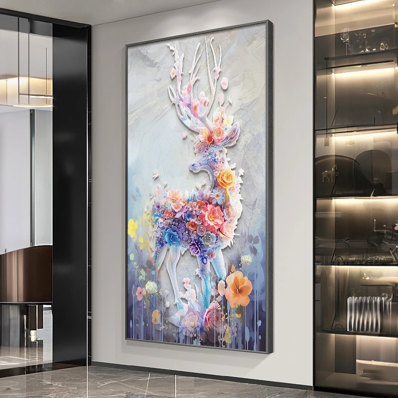 Modern LED Cream Wind Reindeer Entrance Decoration Painting Wall Lamp Living Room Entrance Door Hanging Painting Vertical Mural