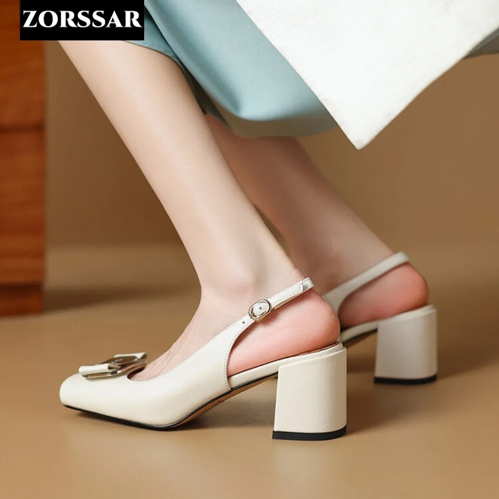 2024 Women Summer Genuine Leather Slingback Pumps Office Lady Square Heels Sandals Elegant Square Toe Female Sexy High Heels