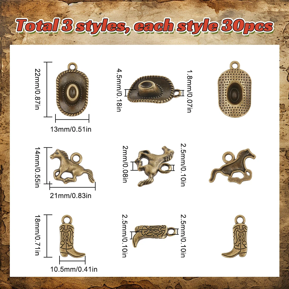1 Box 90 Pcs Western Cowboy Charms Cowboy Hat Charm Bulk Vintage Alloy Hats Boots Horses Metal Cowboys Style Charm for Jewelry