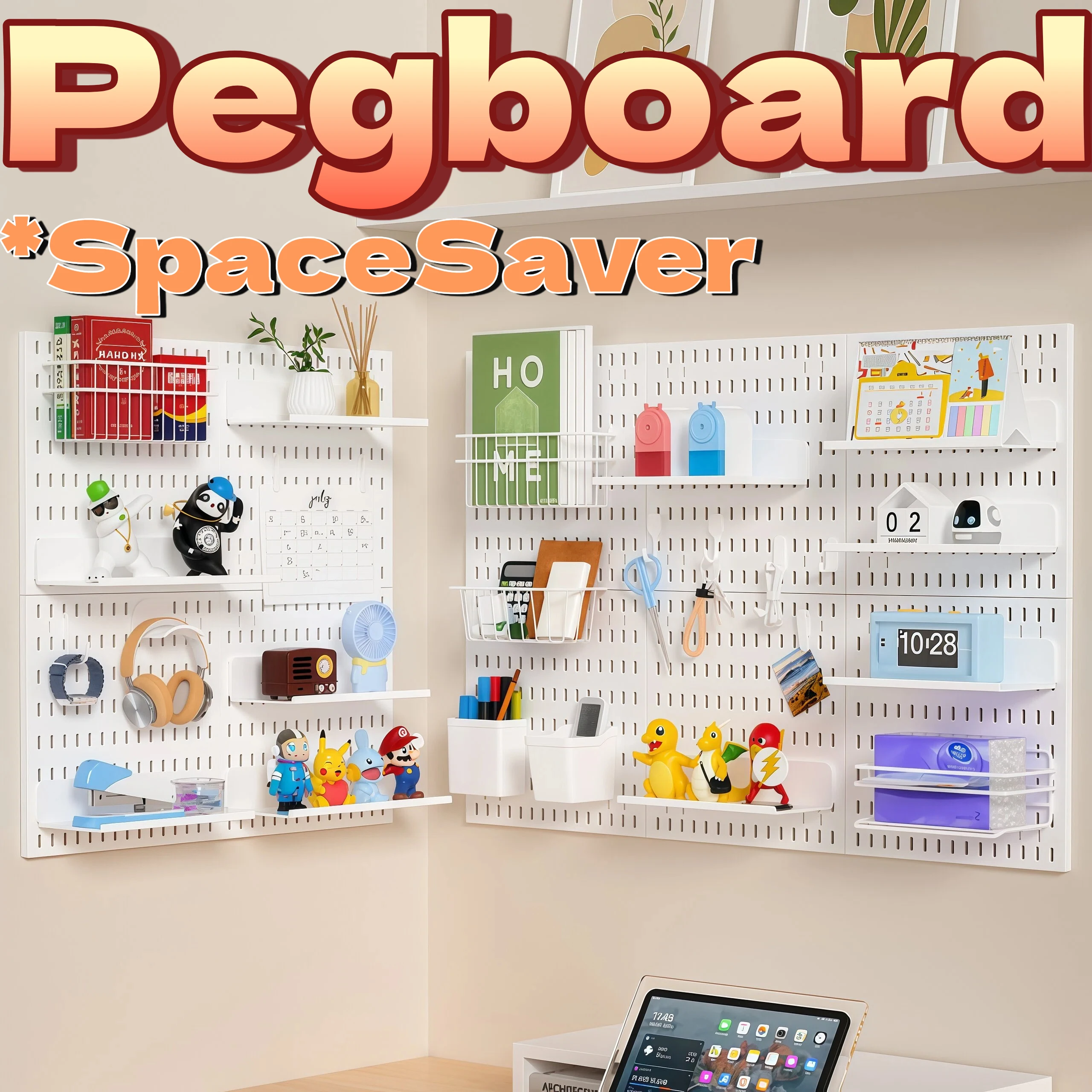 Living Room Pegboard Wall Panel PP Plastic, Hole Board with Phone Stand Hooks for Remote Controller Stationery Storage, 2 Colors