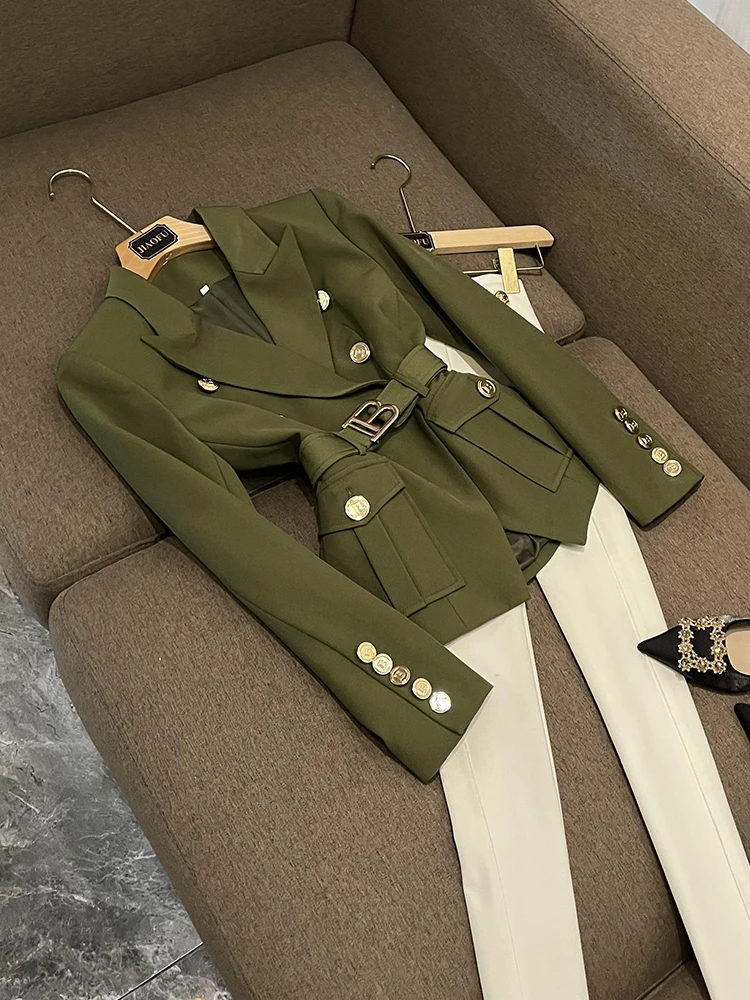 

Ele Slim Fit Metal Bule ket Long Sve Pure Color Women's Suiting Jaet B6965JF Commute Sle Faion Outerwear