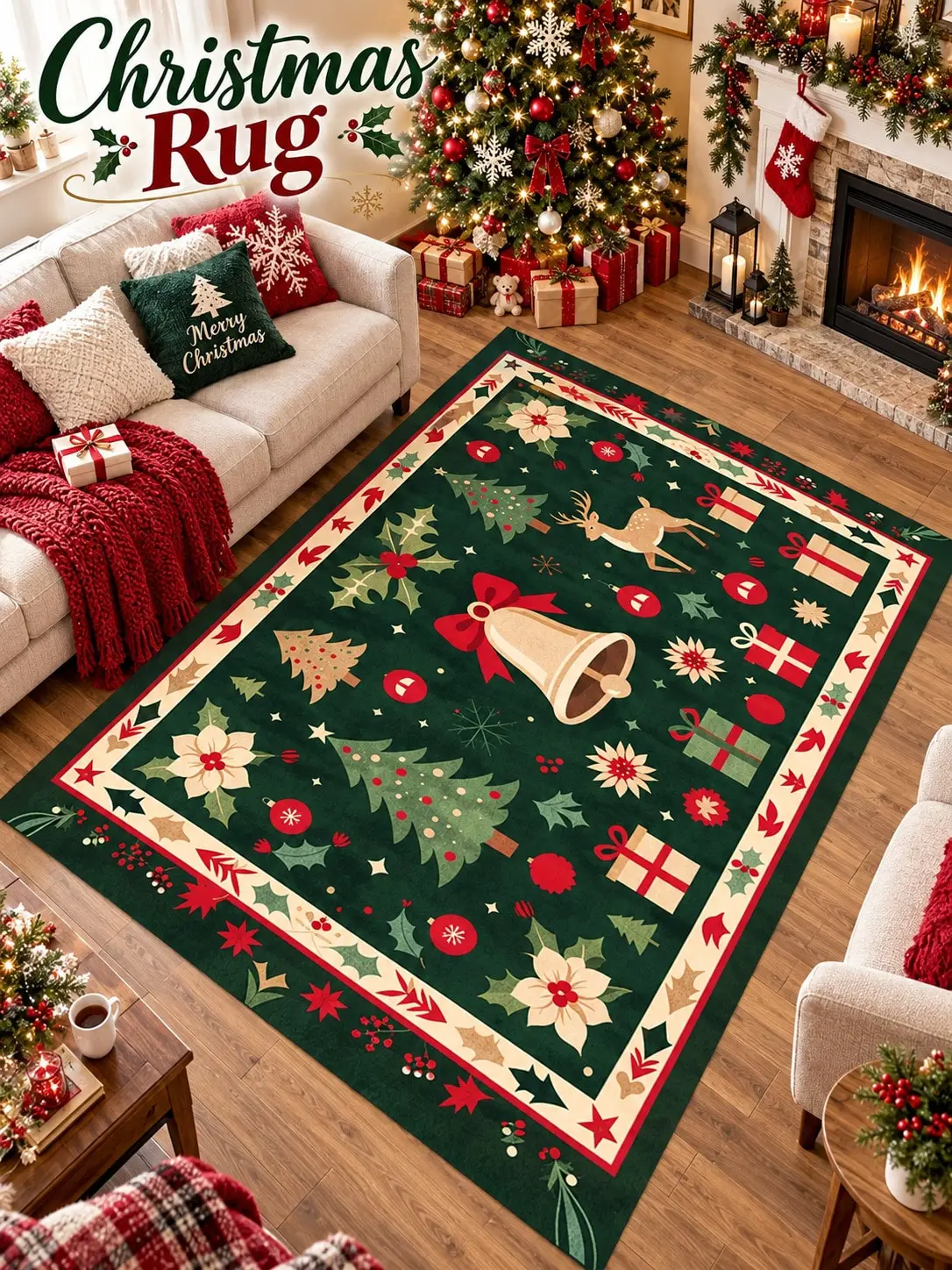 Christmas Rug Bell Tree Presents Stars Floor Decor Carpet Living Room Bedroom Dining Area Entryway Apartment Cottage Winter Home Styling Beside Sofa Armchair Housewarming Birthday Gift for Family Friends Neighbors Homeowners Holiday Dinner Gatherings