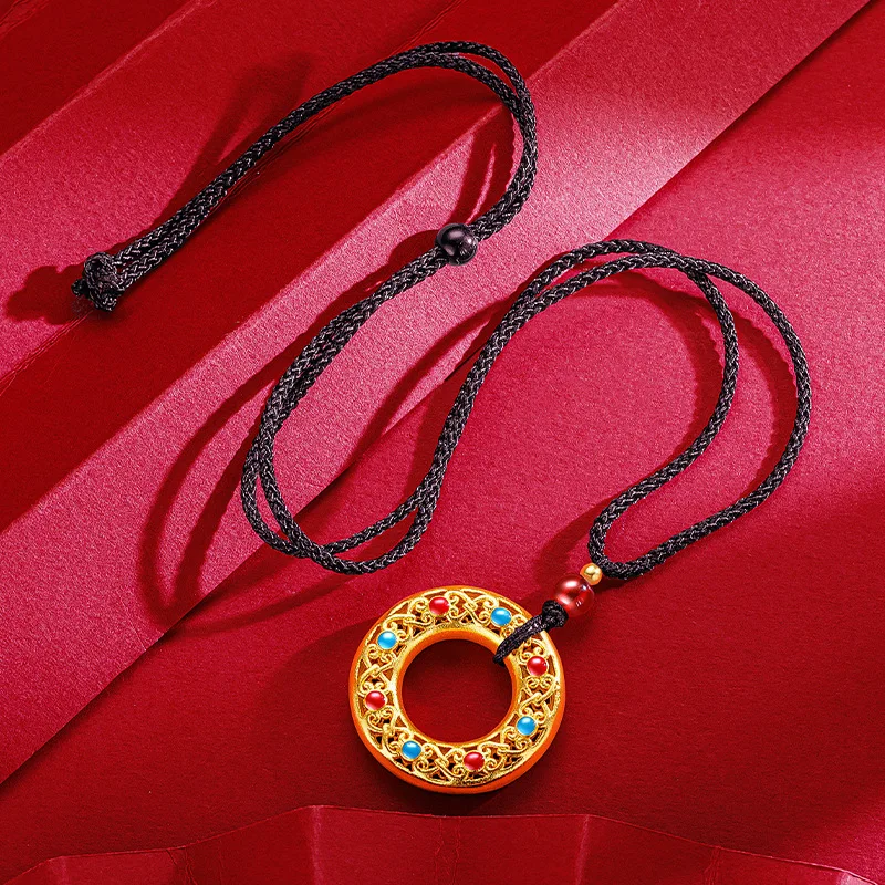 9999 24K Real Gold New Chinese Retro Enamel Pendant  Rope Antique Round Hollow Carved Peace Buckle Men's and Women's Necklace