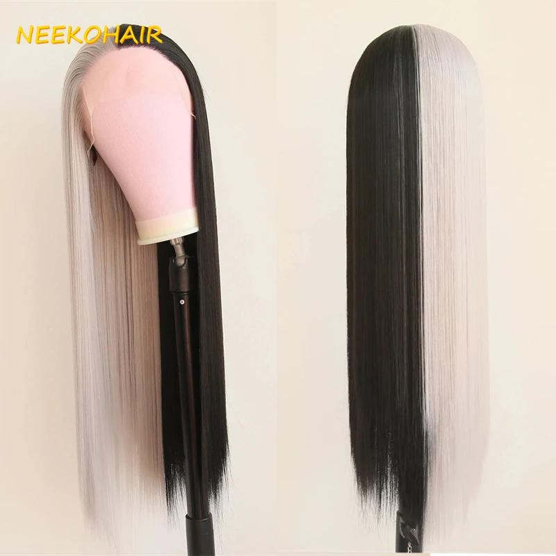 

13x6 Lace Frontal Wig Half Black Half Grey Split Two Tone Cosplay Wig Long Straight Bicolor Wigs Human Hair Wig For Women