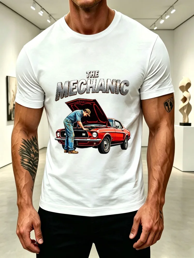 Mens Cotton Crew Neck Tee The Mechanic Retro Muscle Car Graphic Short Sleeve Loose Casual Daily Top For Auto Lover Adult Male