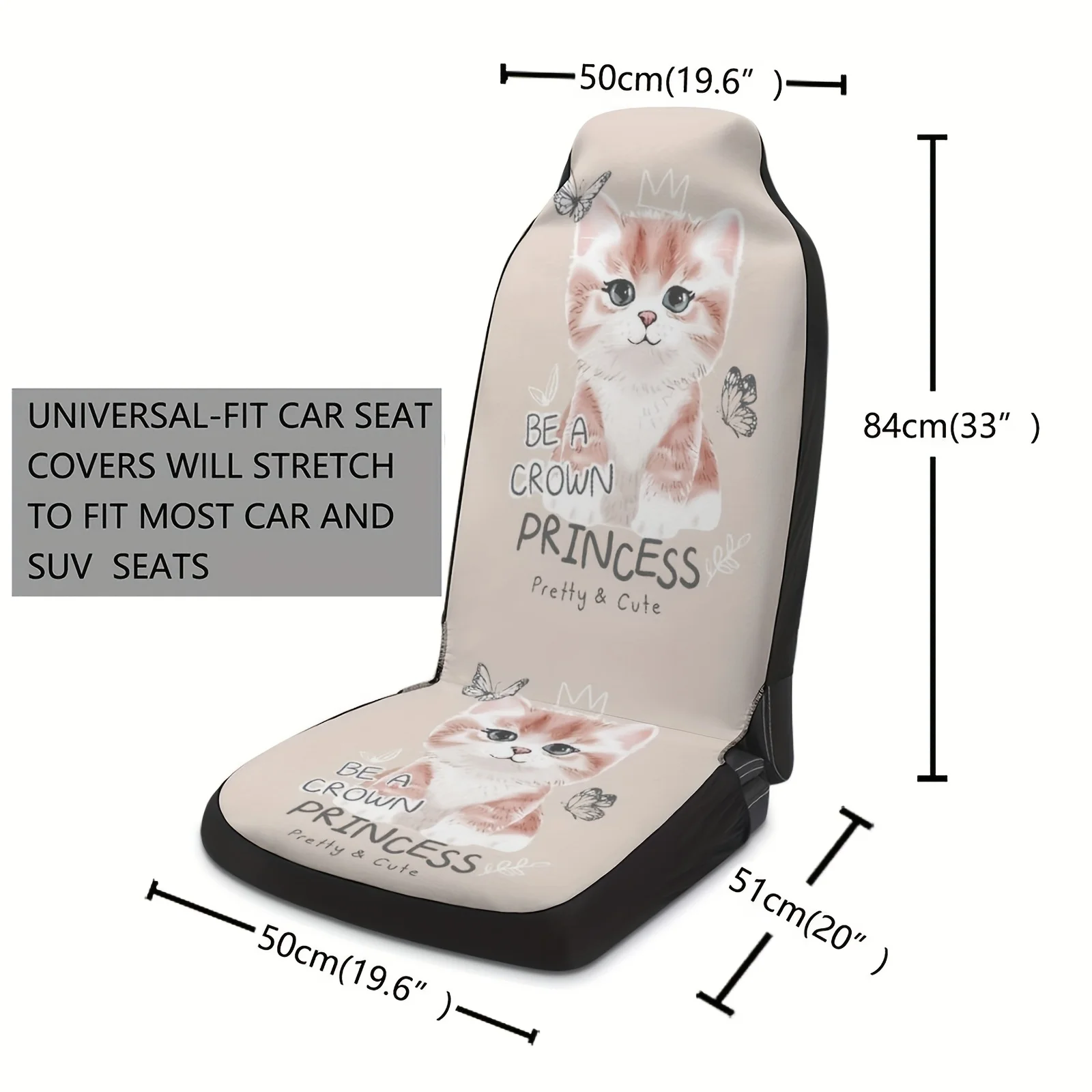 2pcs Cute Cat Car Seat Covers - Breathable, Non-Slip, Fit, Adorable Princess Cat Design With Crown & Hearts, Beige Polyester Fro