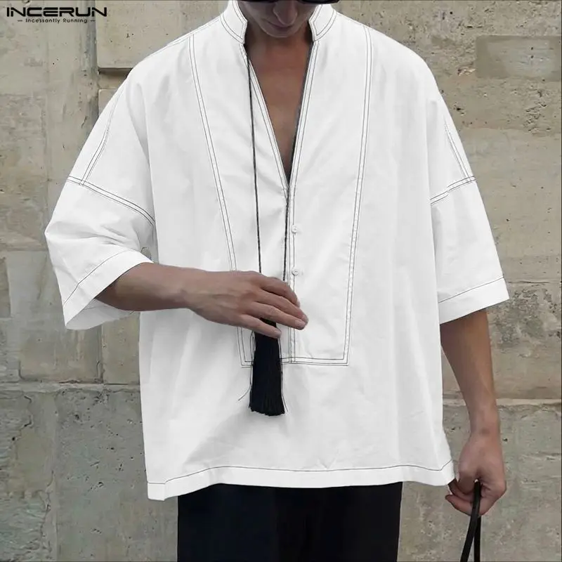 INCERUN Men Shirt Solid Color Summer V Neck Short Sleeve Summer Tops Streetwear 2026 Loose Fashion Casual Shirts For Man Camisa