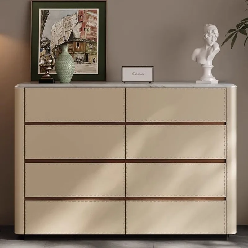 Marble side cabinet household wall integrated solid wood locker saddle leather tea cabinet bedroom bedside storage cabinet