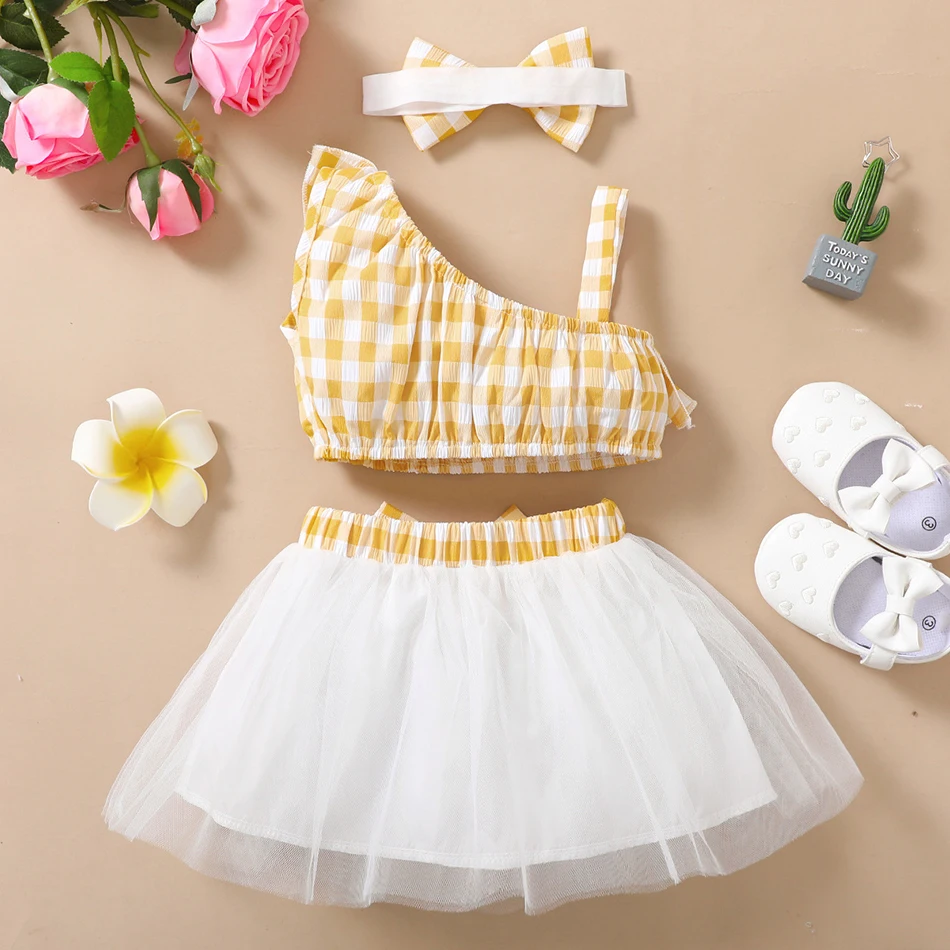 Sweet Kids Sleeveless Gingham Top Ruffles and Bow-Embroidered Skirt Set Baby Clothing Outdoor Activities Daily Wear Baby Sets