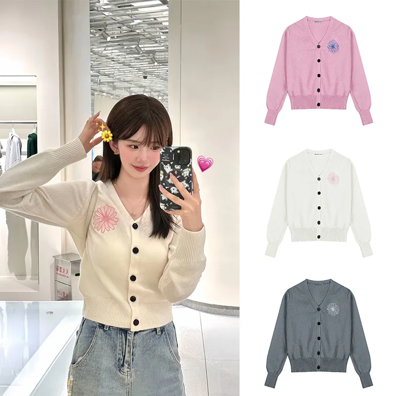 Trendy Korean Knitted Cardigan. Round Neck with Embroidery. Striped. Short and Versatile. Elegant for Women