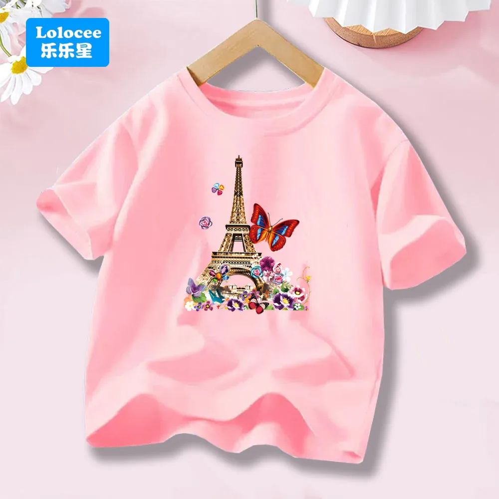 

Футболка с круглым вырезом для девочек с принтом Эйфелевой башни и бабочки, модная летняя футболка с короткими рукавами и рисунком, детская хлопковая футболка BLTT1