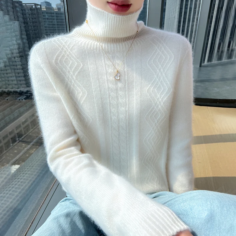 

Осенне-зимняя новая трехмерная жаккардовая женская рубашка с высоким воротником из 100% чистой шерсти, свободная трикотажная нижняя рубашка