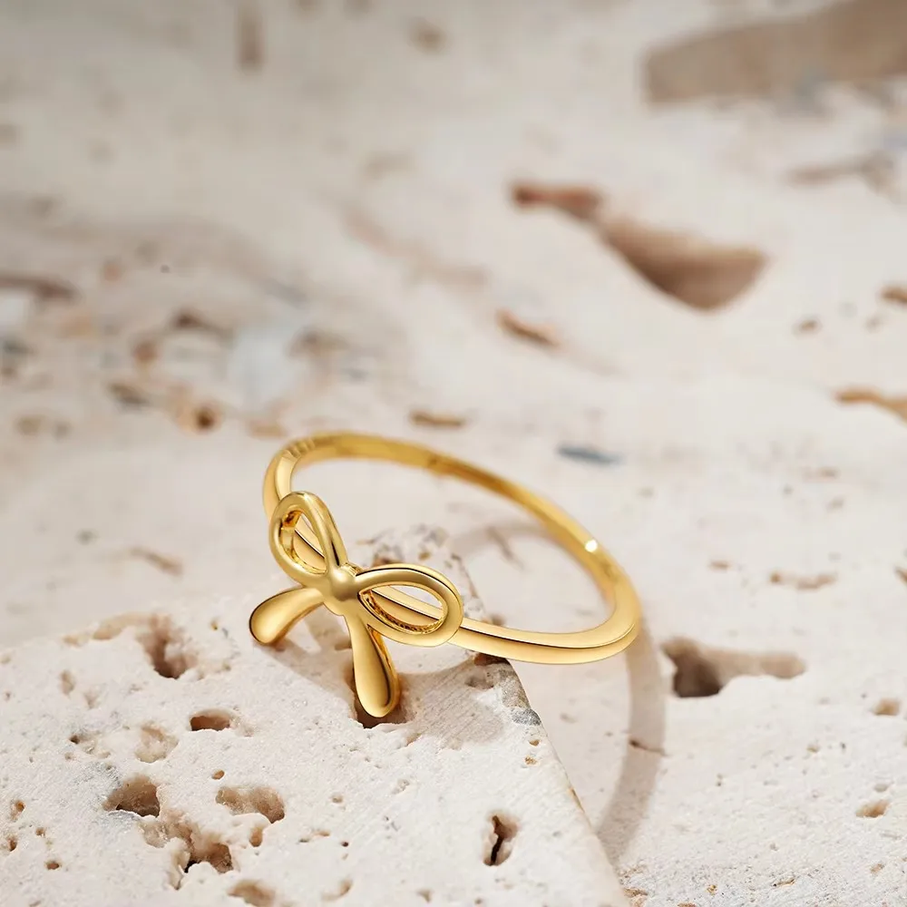 Minimalist Cute Gold Color Stainless Steel Bow Rings for Women Waterproof Butterfly Finger Ring Wedding Aesthetic Jewelry Gifts image 4
