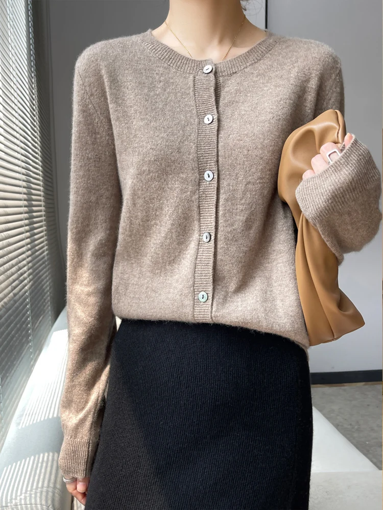 2024 Women's Cardigan 100% Goat Cashmere Round Collar Sweater Spring Autumn Winter Classic Cashmere Knitted Shirt Korean Fashion