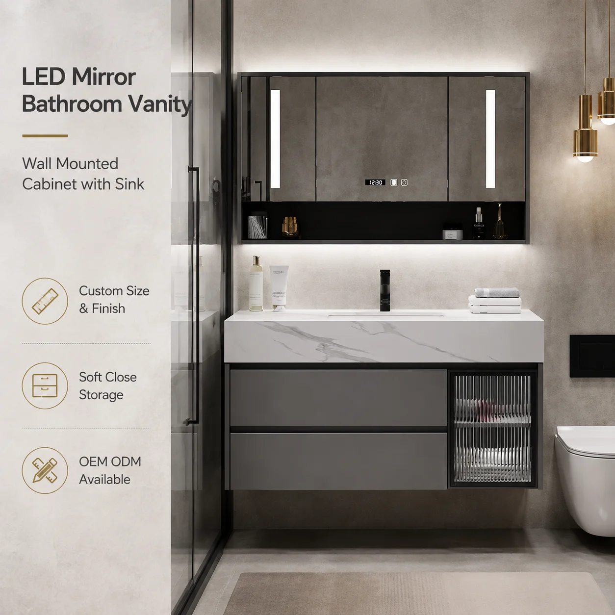 Home Living Bathroom Vanity - ตู้ห้องน้ำพร้อมกระจกอัจฉริยะ LED ทันสมัย ตู้ห้องน้ำติดผนังหินเผาพร้อมอ่างล้างหน้า กันน้ำ เป็นมิตรกับสิ่งแวดล้อม