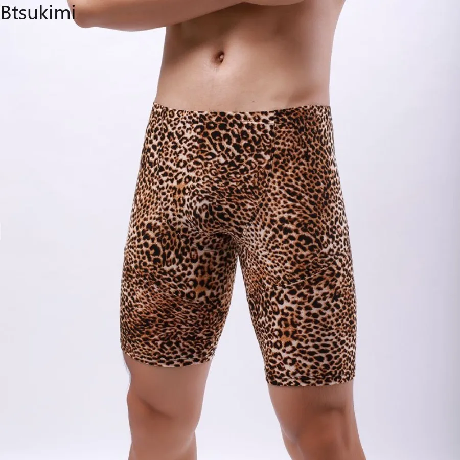 New Men's Elastic Slim Fitness Shorts Leopard Print Tight Sexy Men's Shorts Bar Club Party Performance Clothing Streetwear Pants