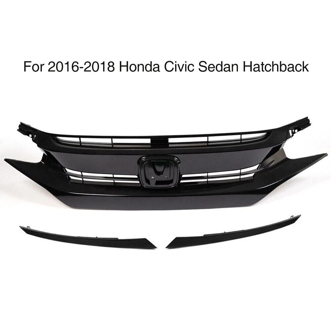 Car Grill Front Grille for 2016-2018 Honda Civic Sedan/Hatchback Glossy Black ABS