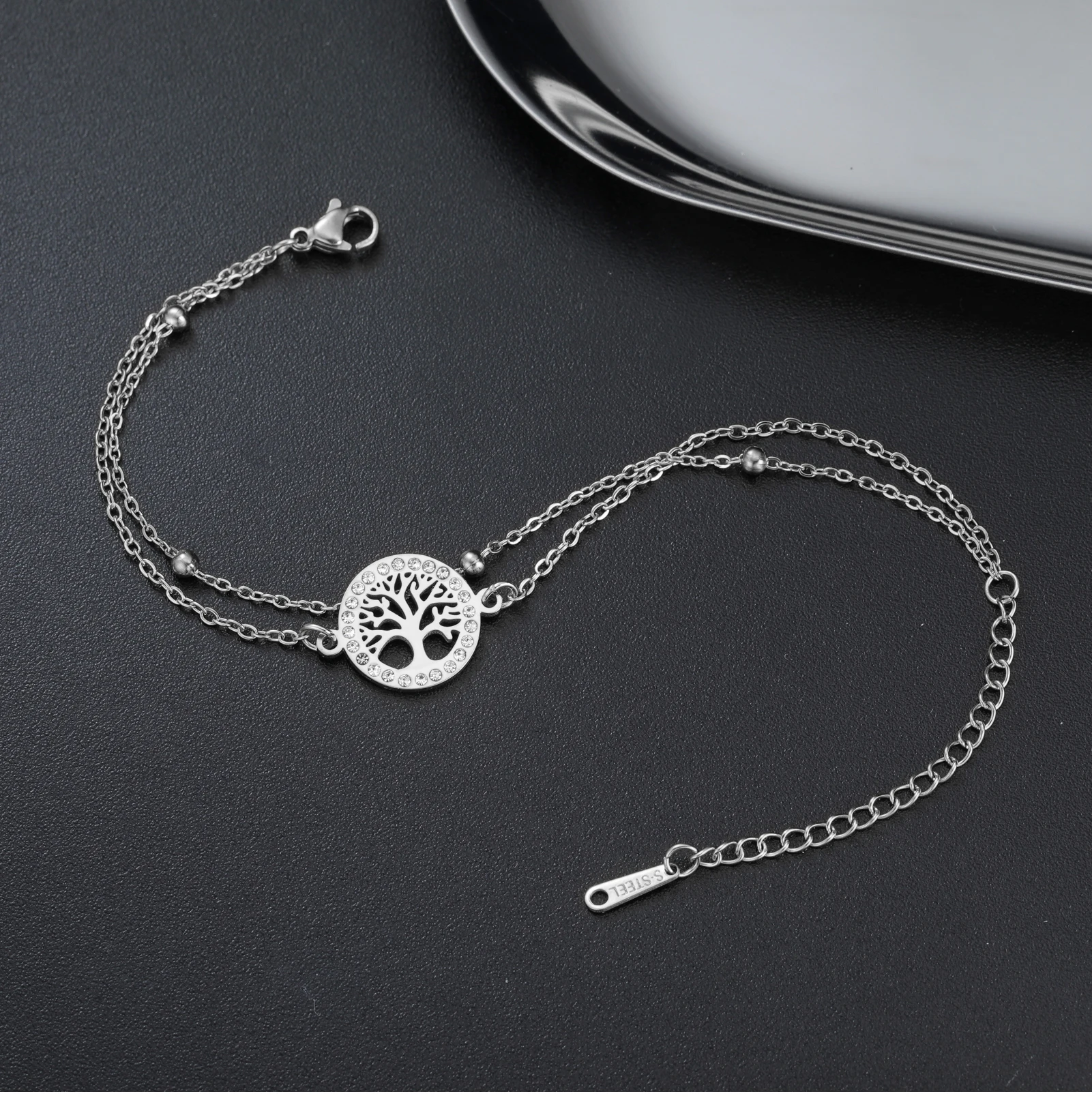 CoolTime Baum des Lebens Ring Zirkon Damenarmbänder Edelstahl Doppelketten Schmuck Goldfarben Mode Amulett Geschenk – Detail 5