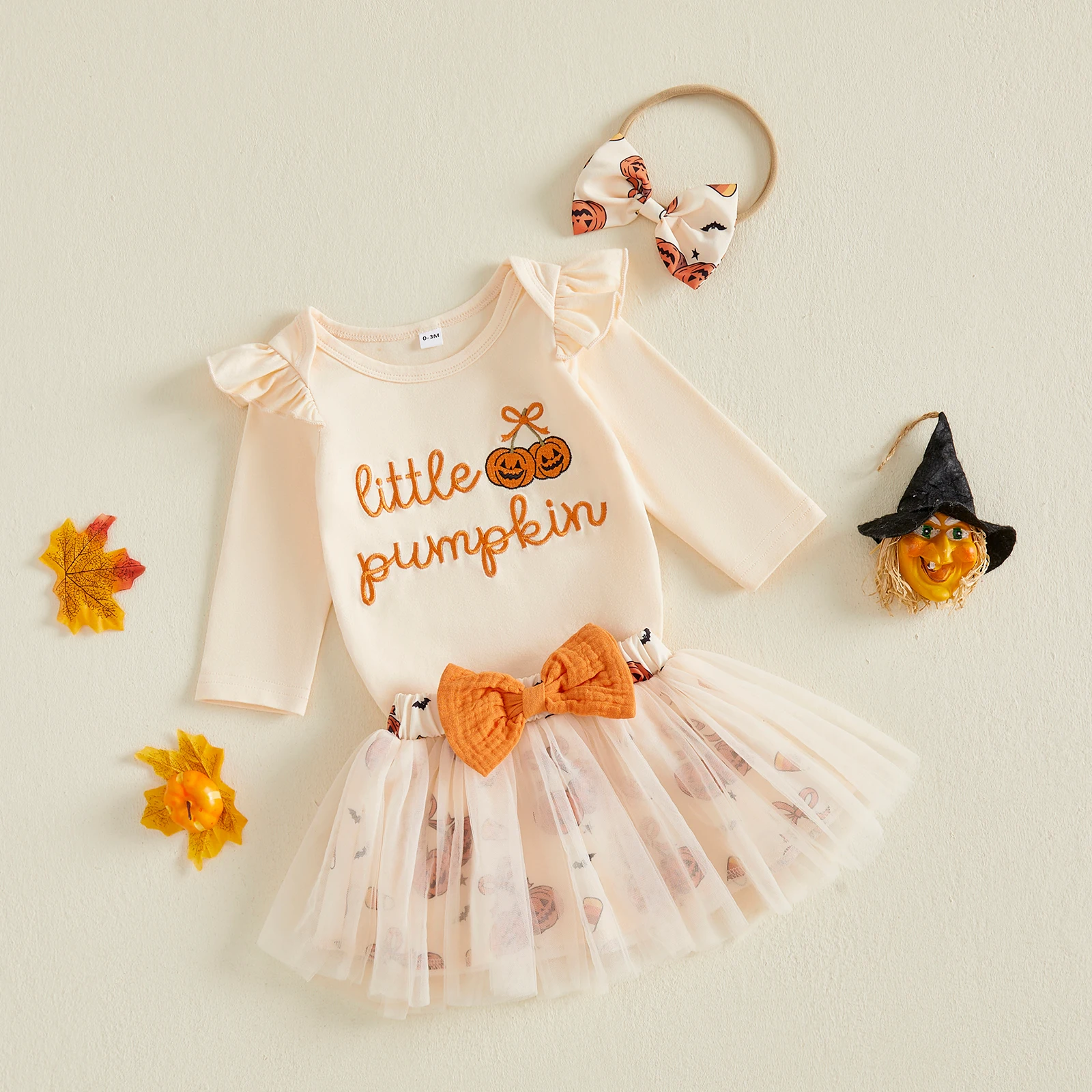 Baby Girl Halloween Outfit Long Sleeve Letter Bodysuits Mesh Skirt With Bow Headband 3Pcs Set