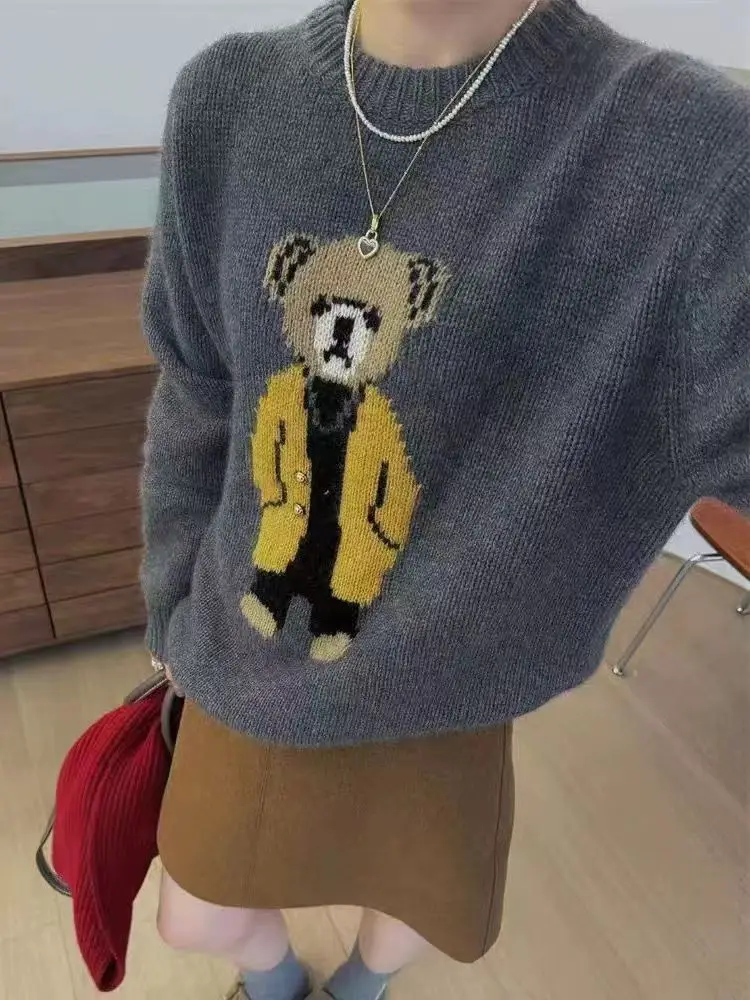 New Intarsia Bear Knitted Hoodie Women's Knitted Top for Autumn and Winter Warmth Lauren Korean Fashion Chic Clothing Sweater