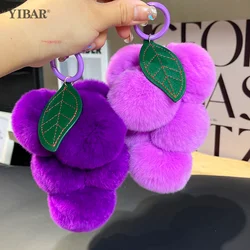 Lovely Grape Pom Poms Keychains Fluffy Pompoms Keychain Rex Rabbit Fur Pompoms Keyring Car Key Chain Pendant Accessories