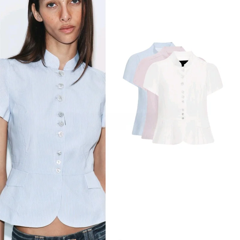 

Summer New Women's Slim Fit Shirt Collar Short Sleeve Single Button Pleated Decoration Casual Style Polyester Fiber Skin-frie...