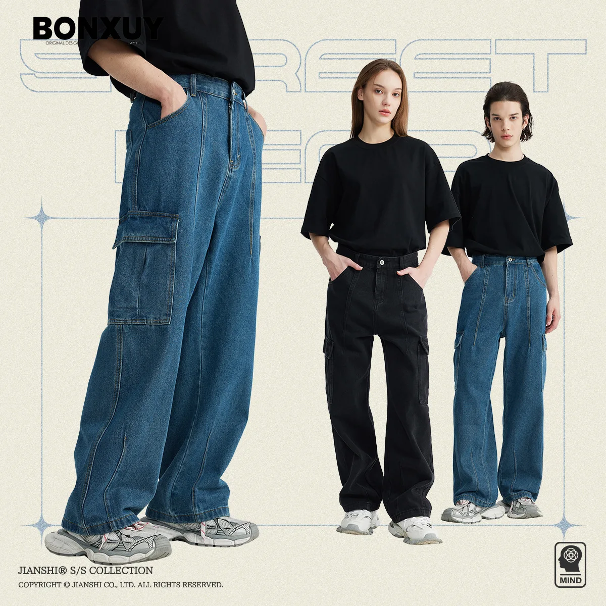 

BONXUY American retro workwear jeans for men, loose straight-leg washed floor-length wide-leg street vibe style trousers