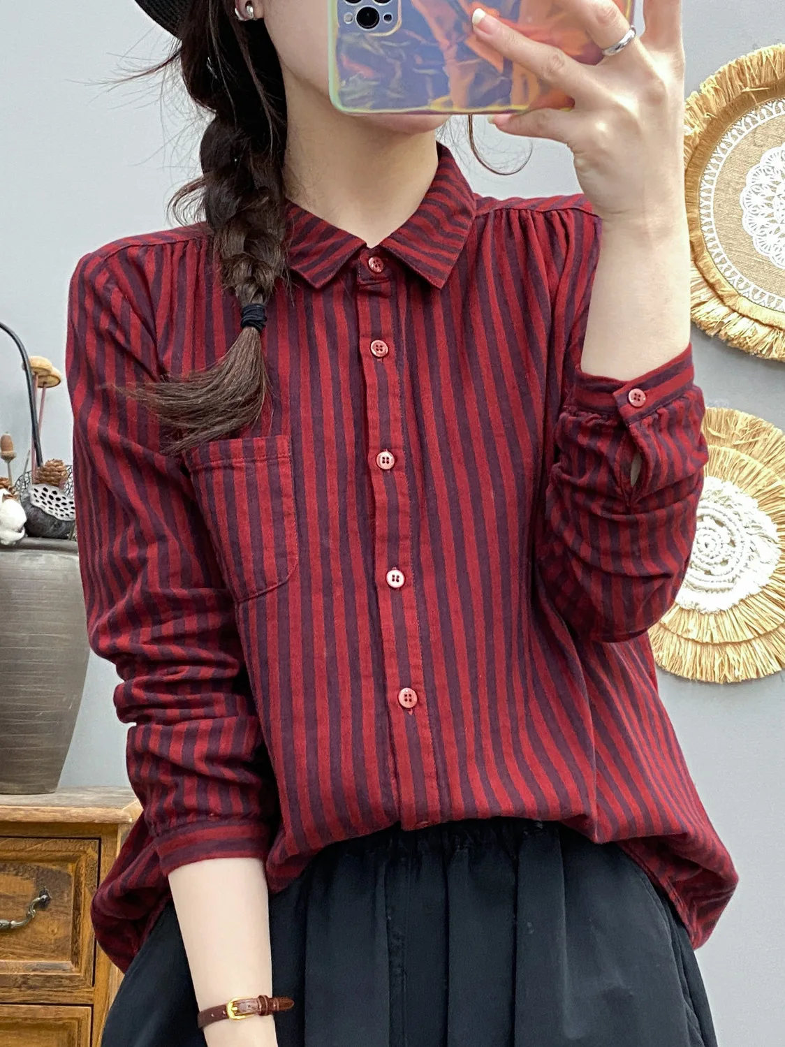 New Summer Cotton Yarn Long Sleeve Shirts, Women Polo Collar Stripe Tops, Mori Girl Casual Loose Blouses, 2024 Autumn T48418QM