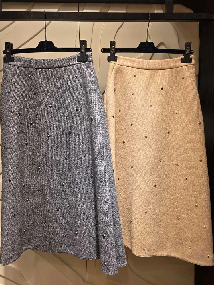 

Модная женская шерстяная юбка MICOAT с высокой талией, А-силуэта, утягивающая, с заклепками, осенне-зимняя коллекция