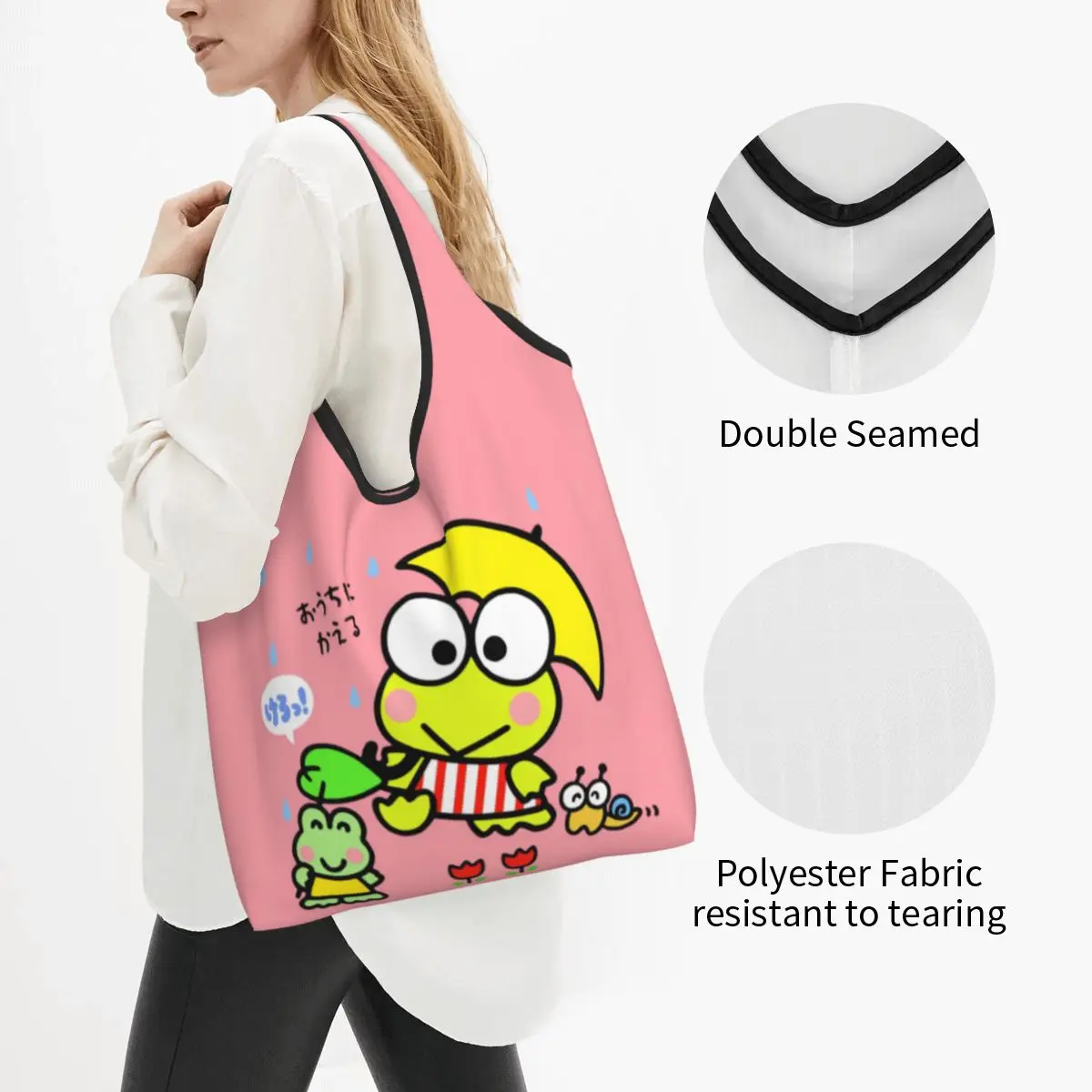 Custom Keroppi Grocery Shopping Bags Kawaii Shopper Shoulder Tote Bags Big Capacity Portable Manga Anime Handbag