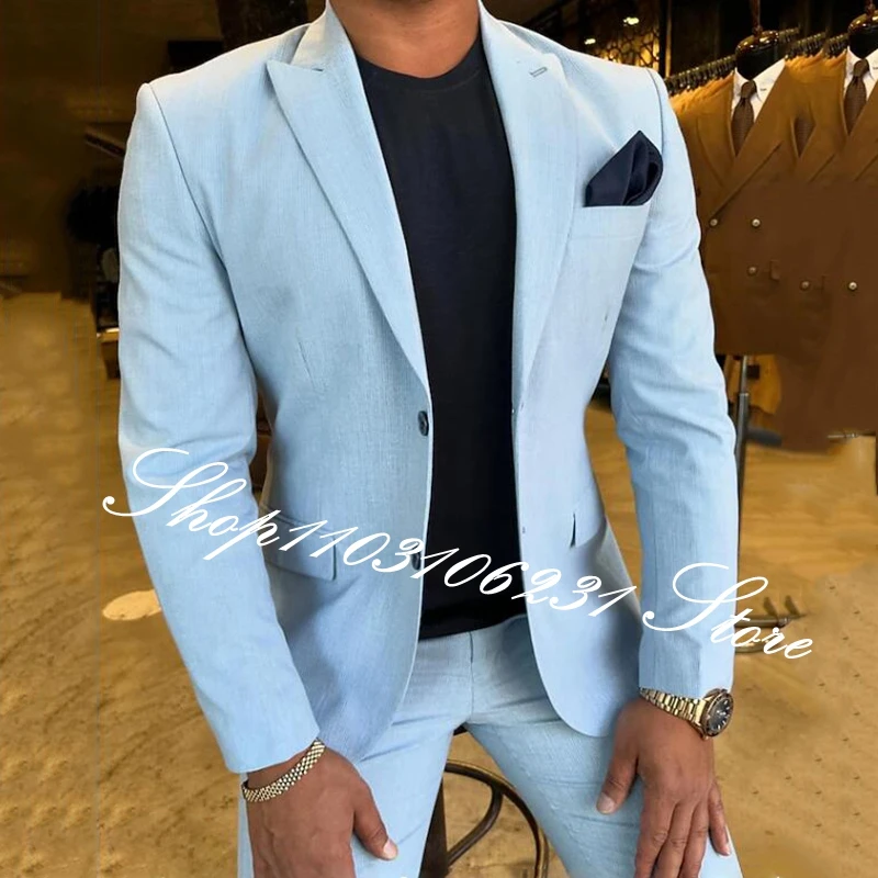 Sky Blue Men Suits 2-Pieces Casual Jacket Pants Slim Fit Business Groom Wedding Tuxedos Peak Lapel Blazer Trajes De Hombre