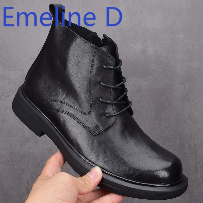 

High Top Mid Heel Casual Leather Boots Fashionable Lace Up and Side Zipper Design Business Style Flat Top High Top Shoes