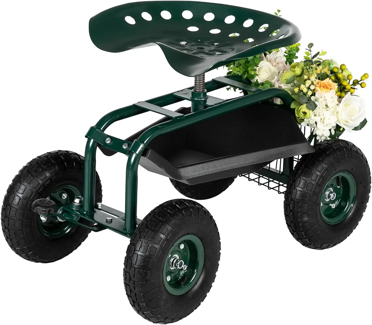 

Garden Rolling Work Seat with Adjustable Swivel, Basket & Tool Tray, 330lb Capacity for Outdoor Planting