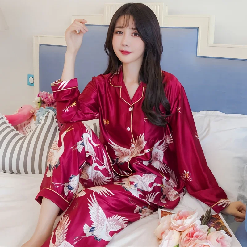 

Spring Autumn Women's Ice Silk Pajamas Lapel Long Sleeve Cardigan Sweet Crane Homewear Set Ladies Oversized Loose Loungewear