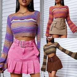 Womens Y2k Long Sleeve Knit Crop Top Casual Loose Crochet Cropped Sweater Tops Square Neck Fall Knitwear T-shirts Dropship