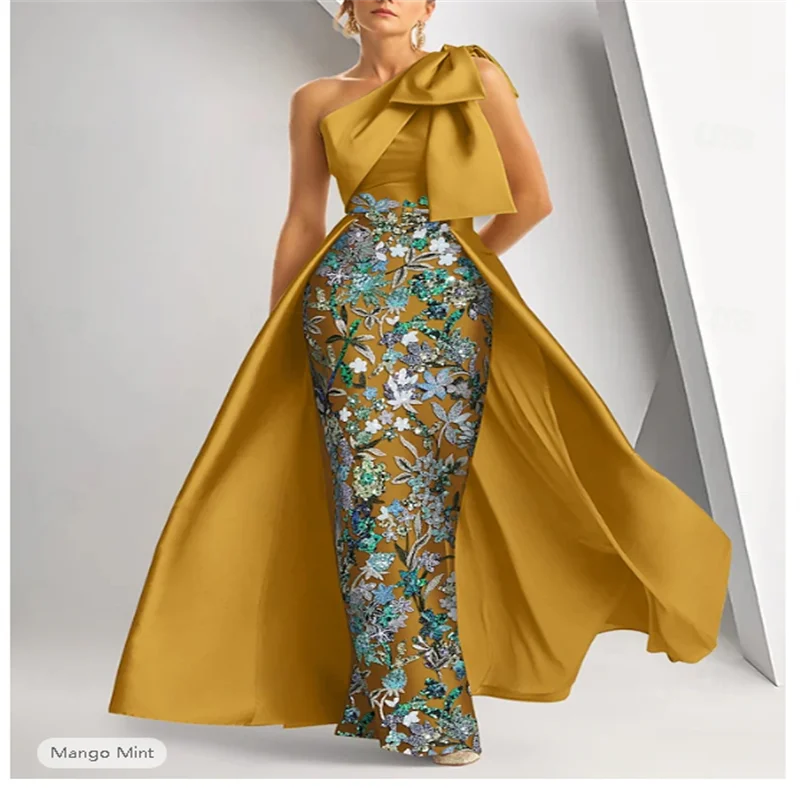 فستان سهرة على شكل حرف A بطول الأرض مع تنورة رسمية فستان أنيق عتيق لامع بدون أكمام بكتف واحد رسمي #5