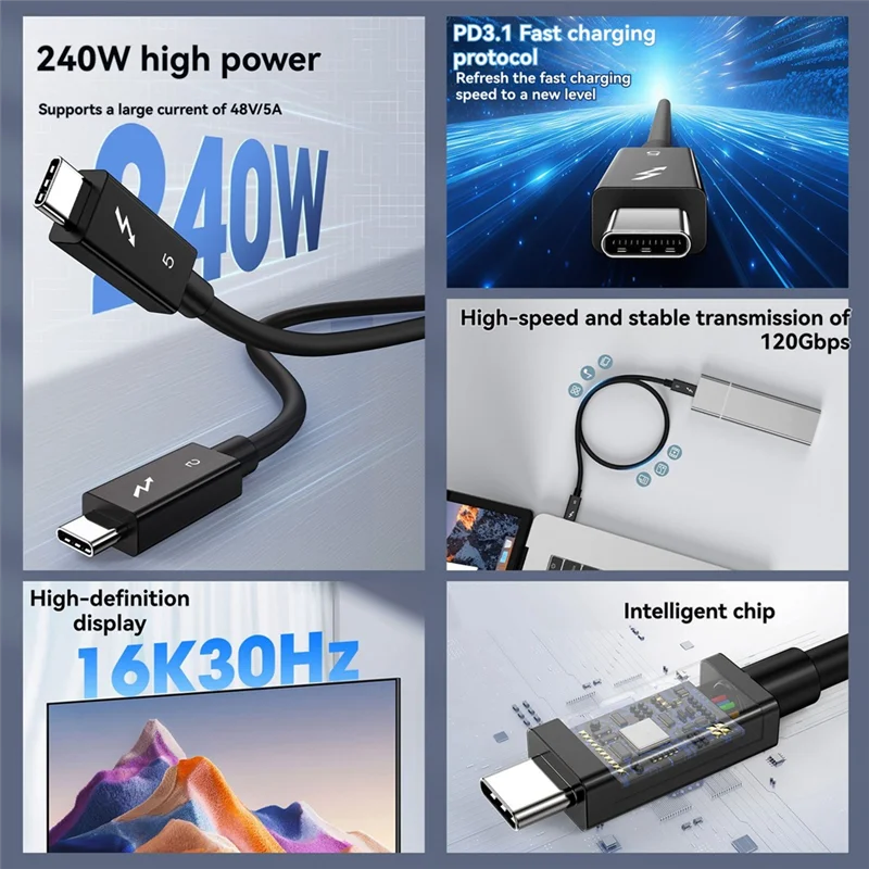 【Last-Chance!】240W PD For Thunderbolt 5 Type C Cable Fast Charging & 120Gbps High-Speed Data USB-C Full-Function Cable