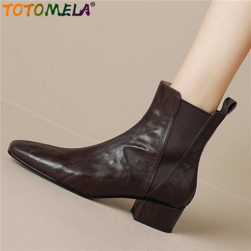 

TOTOMELA Size 34-40 Genuine Leather Boots Women Square Mid Heels Pointed Toe Ladies Short Chelase Boots Black Brown Ankle Boots