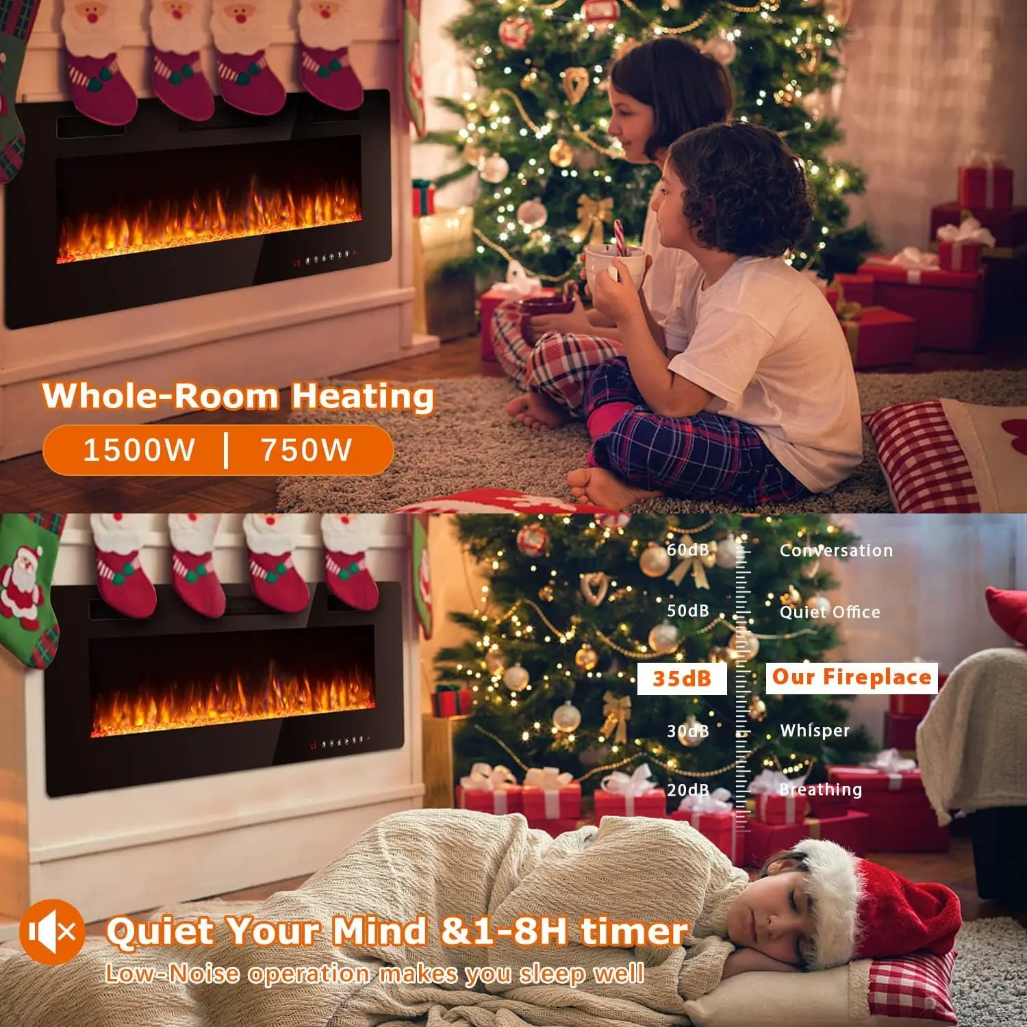 Wall Mounted Linear Fireplace Heater with Multicolor Flame,Timer,Low Noise,750/1500W,Touch Screen & Remote Control(50’’)