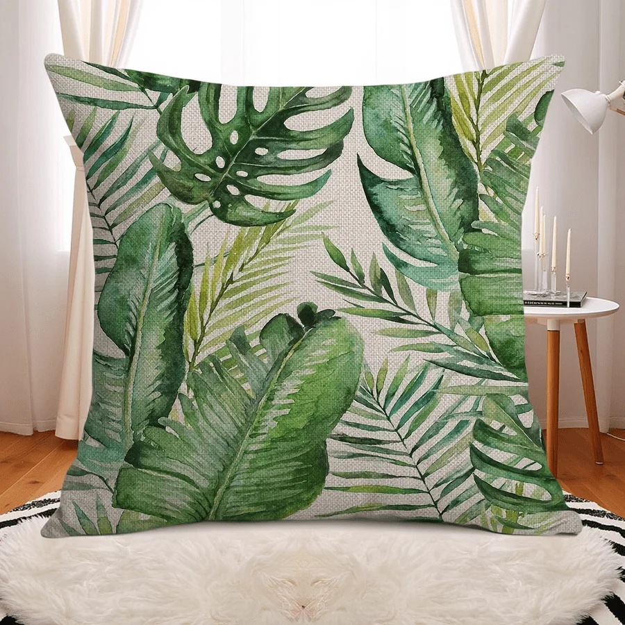 1pc Vibrant Tropical Palm & Fern Leaves Linen Throw Pillow Cover - Contemporary Green Design  With Zip Closure P