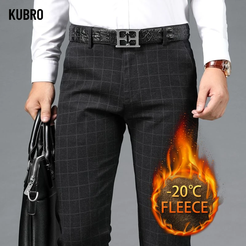 

Winter Men's Business Casual Pants with Fleece and Thickened Straight-leg Pants and Checked Long Pants Versatile Fashionable