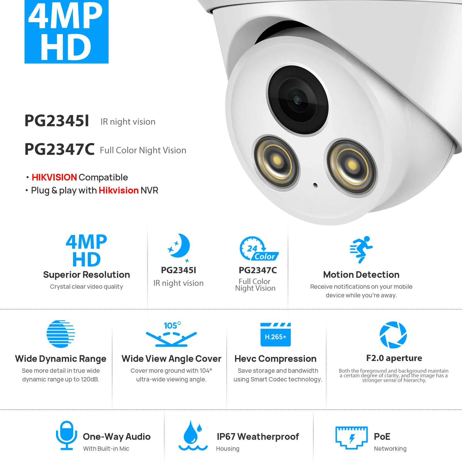 Vikylin Hikvision Compatible 4mp Color night Vision POE IP Camera MD2.0 Onvif Outdoor Video Surveillance CCTV Security Camera
