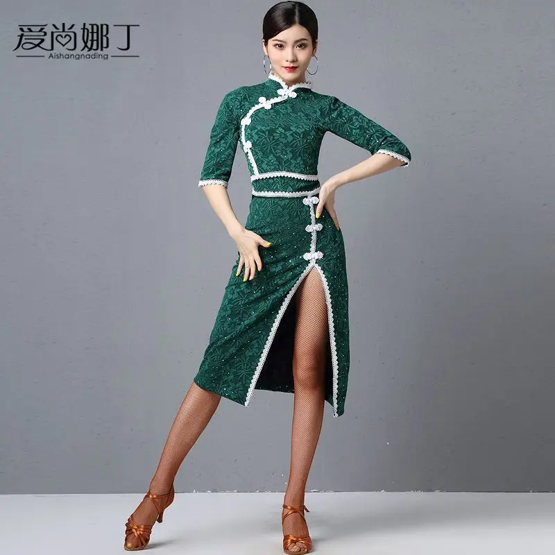 Chinese Style Cheongsam Latin Dance Performance Costume Set New Woman Modern Waltz Dance Dress Ballroom Dance Skirt