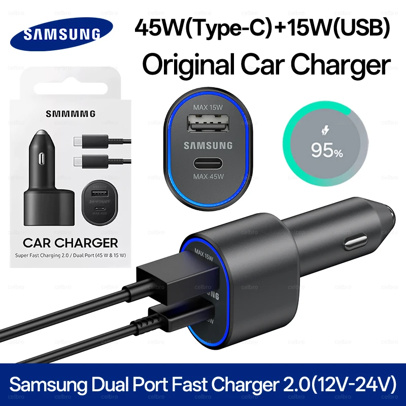 

Оригинальное автомобильное зарядное устройство Samsung 60W с быстрой зарядкой Type-C USB PD 45W 15W 25W для Galaxy S25 S24 A55 A54 A35 Note 20 10 Plus Z Fold 7