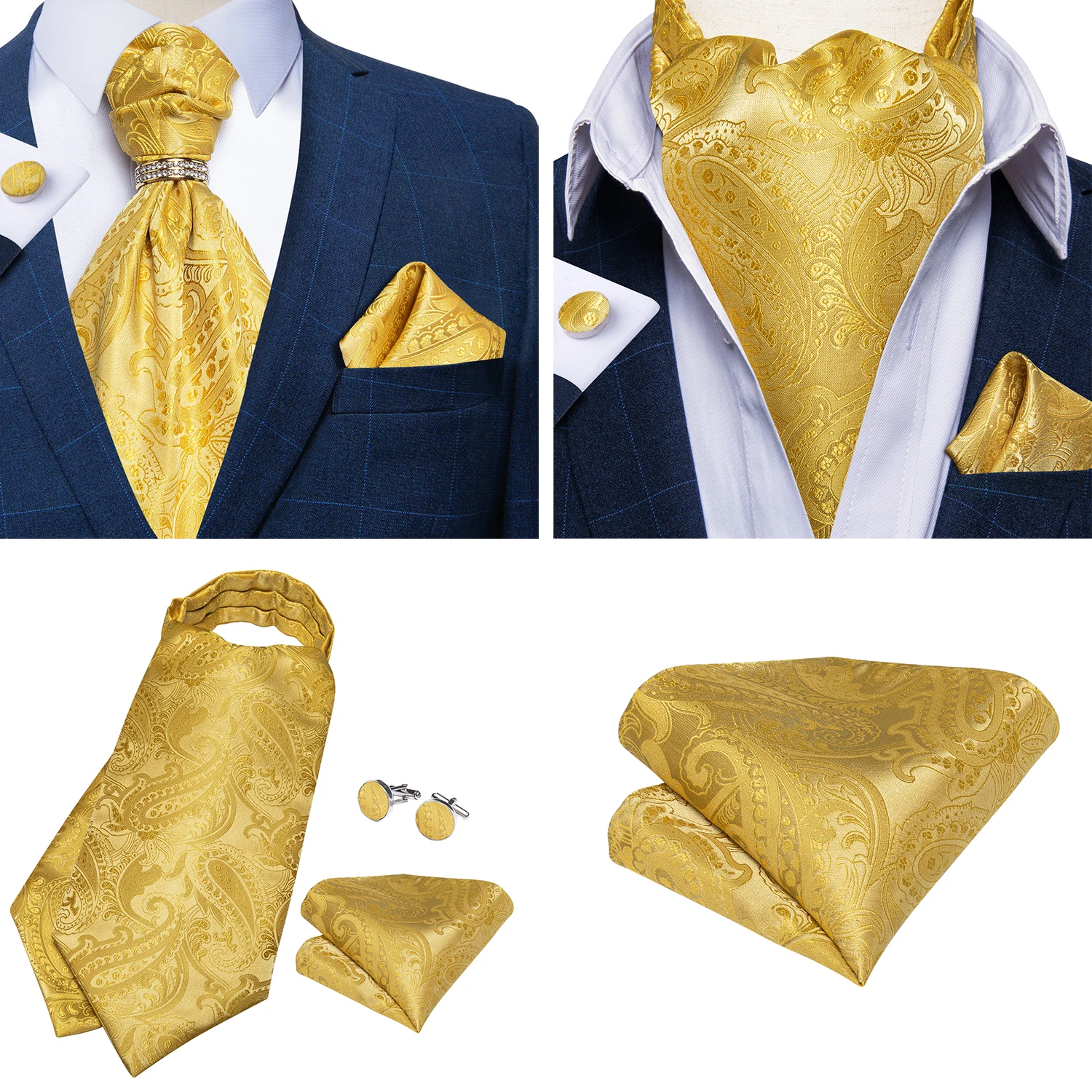 Luxury Men Green Blue Paisley Ascot Tie Set Solid Necktie Ring Wedding Party Cravat Purple Ties Pocket Sqaure Cufflink Free Ship