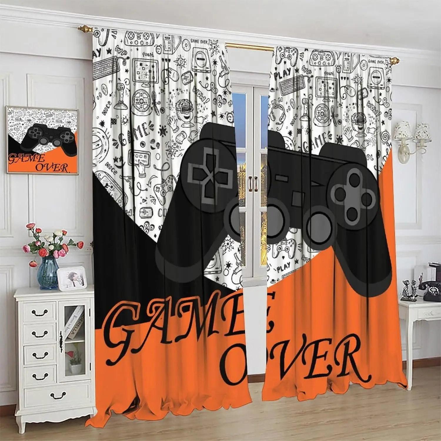 Gamer Curtains Kids Boy Bedroom,Video Game Player Joystick Print Pattern Window Drapes for Man Teen Youth Nursery Baby Bedroom