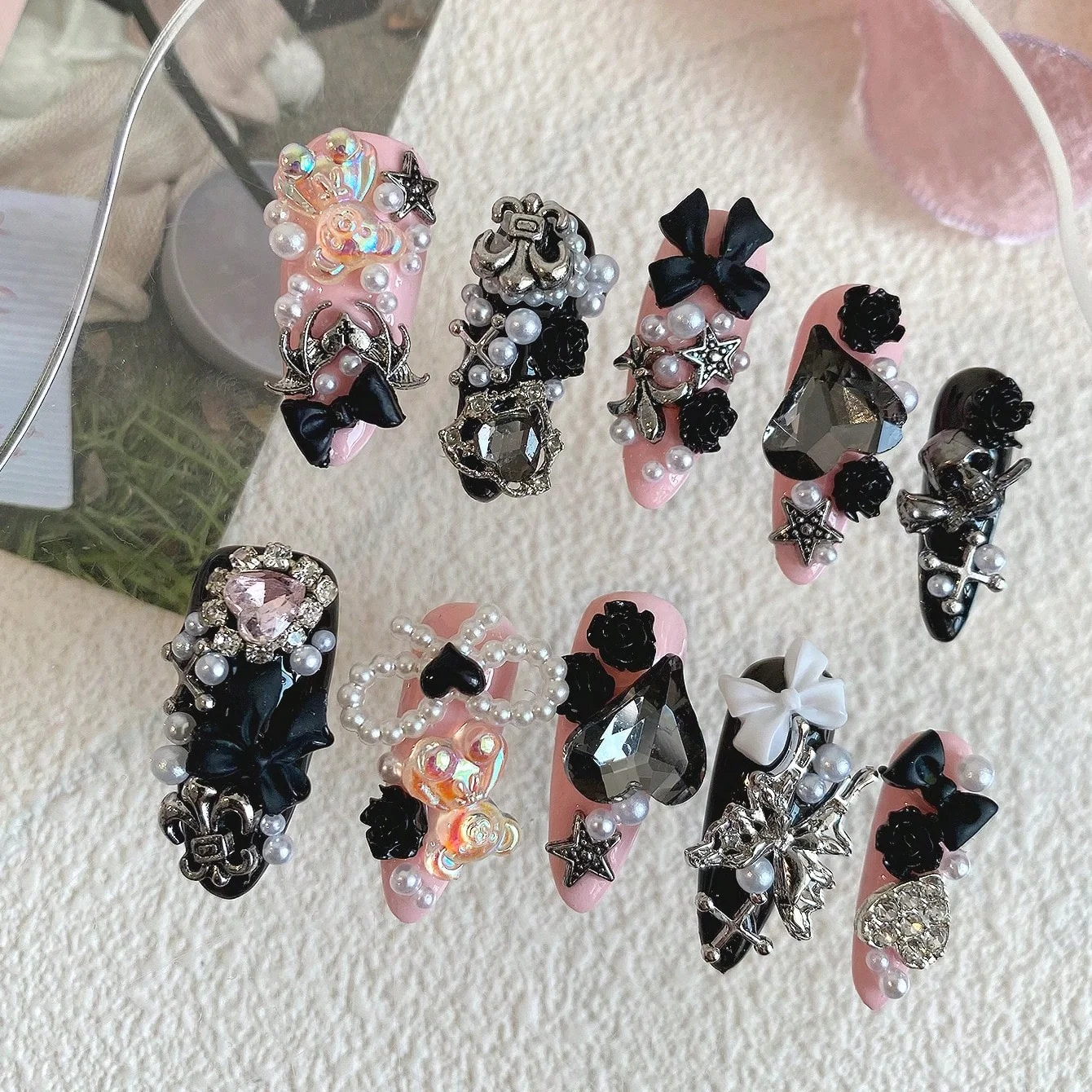 

10pcs Long Coffin Pink Black Gothic Rose Cross Bow Press On Nails, Gift For Women, DIY Nail Art, Fake Nails, Handmade Nail Set