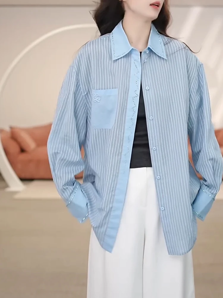 

Корейский прозрачный синий полосатый универсальный топ большого размера Ele Agel для всего тела pes